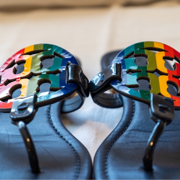 COPY - Tory Burch Miller Royal Navy Rainbow Reva Leather Thong Slide Sandals -s… - Picture 3 of 8